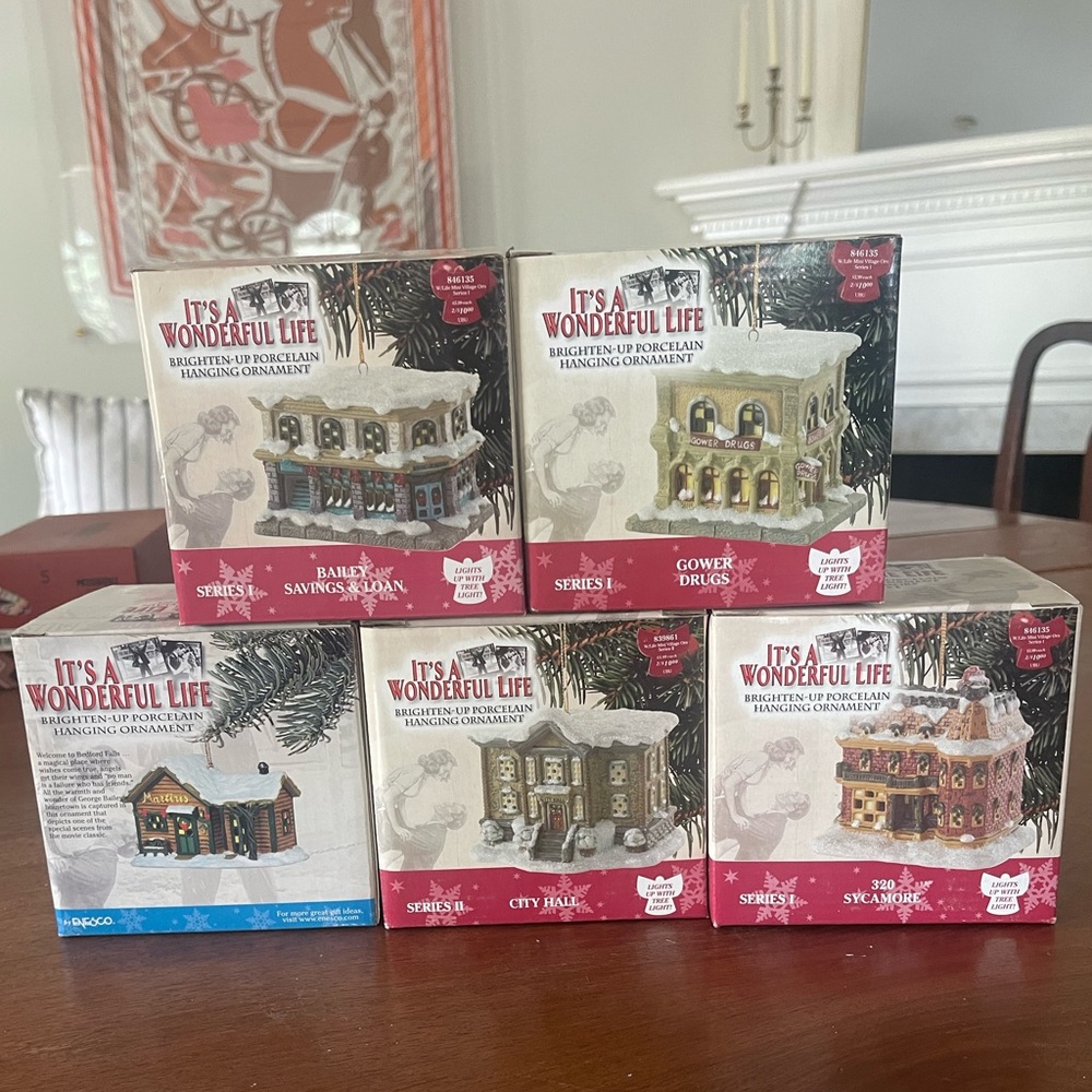 2002 It's A Wonderful Life Enesco Christmas Village Ornaments (set of 5)